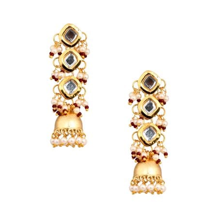 Square Mirror & Pearl Jhumka Earrings Pair with Red Bead Accents